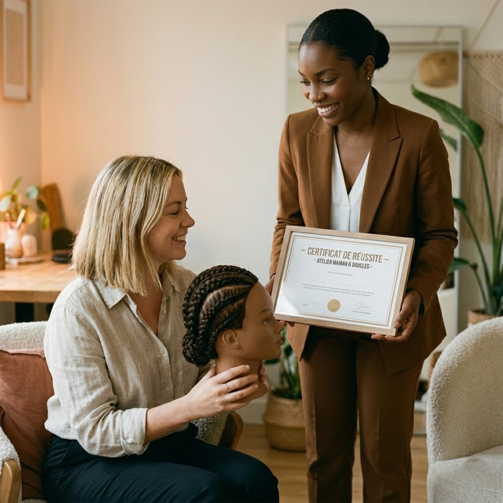 Maman fière après formation coiffure cheveux crépus